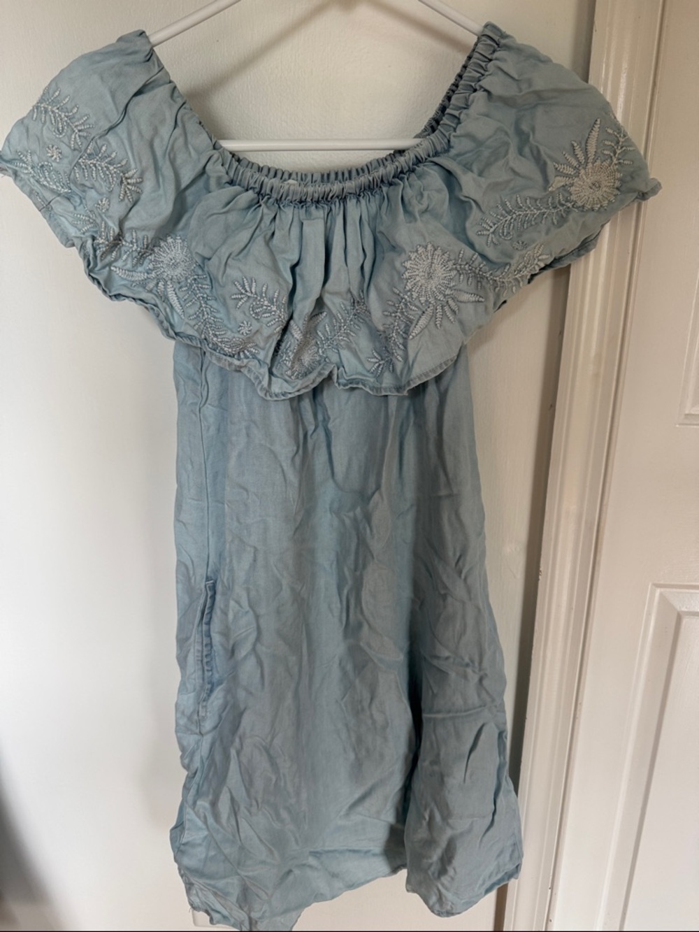 beachlunchlounge Light Blue Chambray Embroidered Ruffle Off-Shoulder Dress